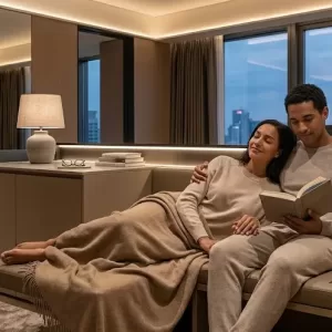 two travelers relaxing on a couch in a hotel room knowing they are safe because of the future of hotel room security